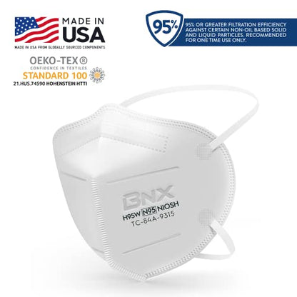 BNX N95 Mask NIOSH Certified MADE IN USA Particulate Respirator Protective Face Mask (10-Pack, Approval Number TC-84A-9315 / Model H95W) White - color: White