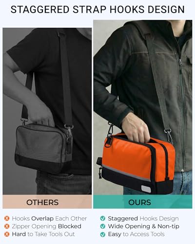 2 Pack Small Tool Bags Zipper Pouch for Organizing, with Adjustable Shoulder Strap & Carabiner, Utility Small Tool Pouch with Multi Pocket Compartments and Label Area (12" & 10") - color: Blue/Orange