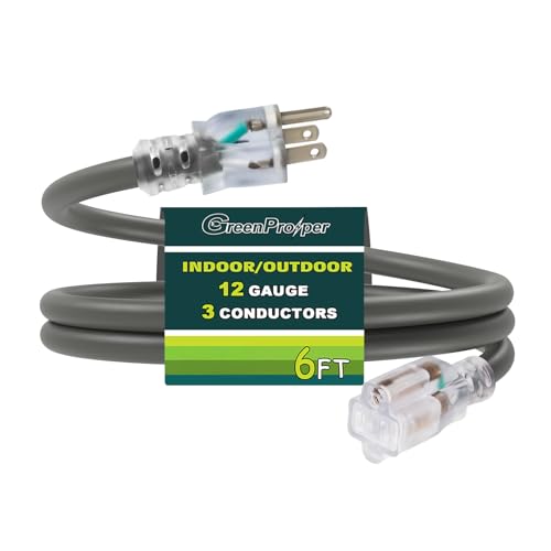 6 FT Grey Extension Cord with Lighted End, 12 AWG 3 Prong Indoor Outdoor Heavy Duty Waterproof Power Cable for Major Appliance, 12/3 SJTW UL Listed - color: Grey, size: 6 FT