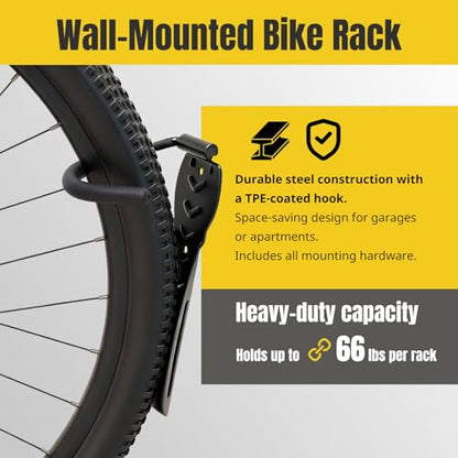 MaxxHaul 51186 Wall-Mounted Bike Rack – Heavy-Duty Steel Bicycle Hanger with TPE Hook – 66 lb Capacity, Space-Saving Vertical Storage for Garage or Apartment – Includes Mounting Hardware