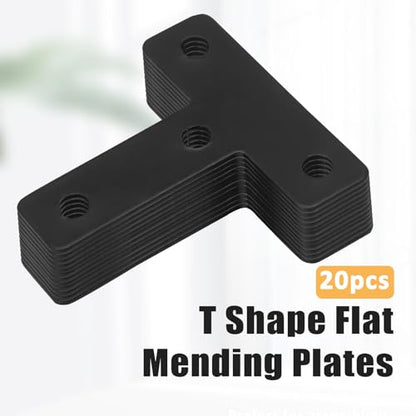 Zorfeter 20 Pcs Black T-Shape Corner Brackets, 50x50 mm/ 2"x2" T Flat Corner Brace Fixing Repair Plates for Shelves & Furniture, with Screws - size: 50x50mm/ 2"x2", style: T-Shape (Black)