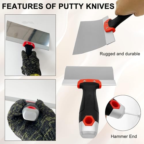 Drywall Knife Set, 7 Pcs Stainless Steel Tools Kit, Putty Knives Tapping Knife Multi-purpose Paint Scrapers with Mud Pan for Drywall Work - color: Black - a Set