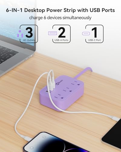 Purple Extension Cord with 3 Outlets & 3 USB(1 USB C), Cute Small Extension Cord 5ft, Travel Power Strip Flat Plug with USB Charging Station, Compact for Cute Purple Kawaii Lavender Desk Accessories - size: 5FT-Purple