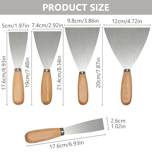 5pcs Putty Knife, Stainless Steel Scraper 1” 2” 3” 4” 5” Spackle Knife Perfect Tool for Repairing Drywall Removing Wallpaper Mud Plaster Scraping (wood)
