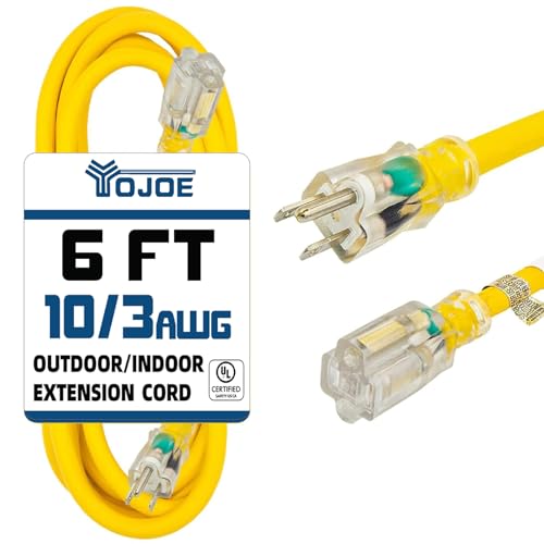 YOJOE Indoor Outdoor Extension Cord with Lighted End, 3 Prong 15A Weatherproof Power Cord, 10 Gauge Heavy Duty 6 ft Yellow Extension Cord for Garage, Garden and Home, 10/3 SJTW UL Listed - color: Yellow, size: 6 Foot