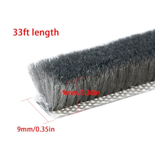 33 Ft Gray Self-Adhesive Soundproofing Weather Stripping for Doors and Windows Weather Stripping Brush for Sliding Windows/Doors Frame Sid 0.35" Wide x 0.35" Thick(9mm) - size: Brush Height 0.36in