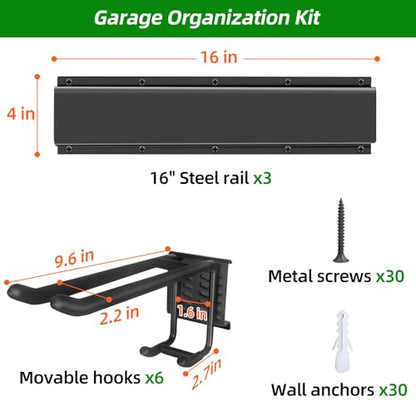 PIYILO Garage Tool Organizer Wall Mount with 48 inches Rails and 6 Double-layer Hooks, Garden Tool Rack Heavy Duty, Garage Hanging Storage Rack For Yard Tools, Shovel, Shed - size: 48 Inch Double-layer 6-hook