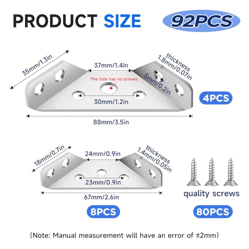 12Sets/92Pcs 2Sizes L Corner Brackets for Wood Hardware Angle Bracket Heavy Duty Universal Stainless Steel Corner Braces with Screws for Furniture Tables Chairs Cabinet Drawer YY031