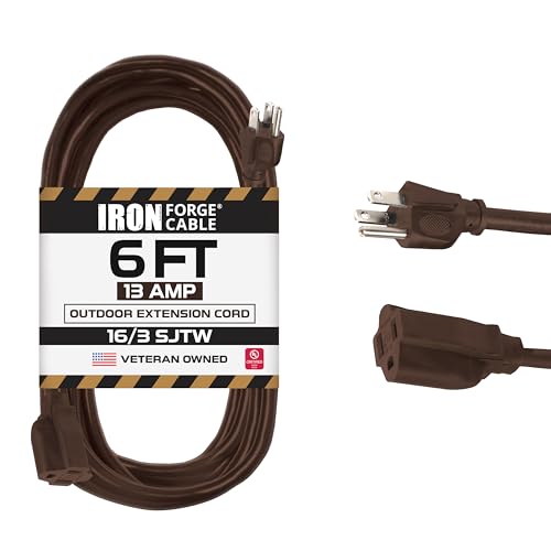 Iron Forge Cable Outdoor Brown Extension Cord 6 ft - 16 Gauge 13 Amp Heavy Duty Brown Outdoor Extension Cords 3 Prong - 16/3 SJTW - Great for Outdoor - color: Brown, size: 6 Ft