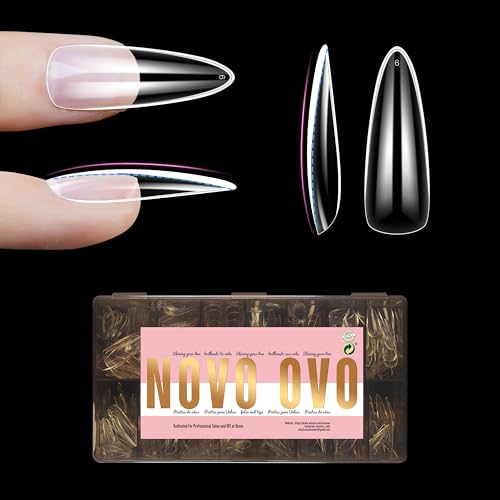 NOVO OVO Long Almond Nail Tips NATURAL (Not SCULPTED) for Flat Nail Beds, Extra Thick L Length False Nails Press on, Full Cover Soft Gel Fake Nail Extension, Salon DIY x 15 Sizes 450 pcs - color: L Almond Natural Thick