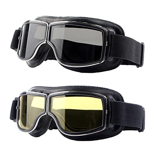 LJDJ Motorcycle Goggles,2 Pack Vintage Anti Fog Pilot PU Leather Glasses Dustproof ATV Off Road Motorbike Helmet Eyewear Protect for Ridding Motorcross Classes Aviator Goggles for Men Women Adult - color: Black Frame/Gray+yellow Lens
