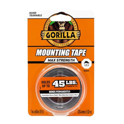 Gorilla® Max Strength Mounting Tape, Double-Sided, Instant Hold, Permanent Bond with Reinforced Strength, 1 inch x 60 inches, Black (Pack of 1) - size: 60 inches, style: 1 - Pack