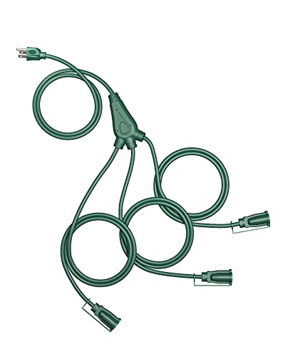 DEWENWILS Christmas Outdoor Extension Cord 1 to 3 Splitter, Total 12FT, 13A 125V 1625W 16/3C SJTW Extension Cord Outdoor, Heavy Duty Extension Cord for Holiday Decorations, Outdoor Light, ETL - color: Green, size: 12FT(3+3*3), style: 1 to 3 Splitter