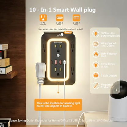 Wall Outlet Extender with Night Light, Power Plug Adapter 6 Outlet Extender with 4 USB Charging Ports（2 USB C）,1050J Power Strip Multi Plug Adapter Spaced for Home Office Travel-Black - color: Black-1Pcs