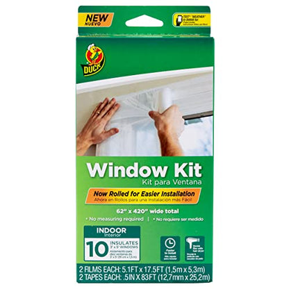Duck Brand Window Insulation Kit - Winter Seal Kit Fits up to 10 Windows - Rolled Shrink Film Cuts to Size for Easy Indoor Installation - Tape Included - 62 in. by 420 in.- Clear - size: 10 windows