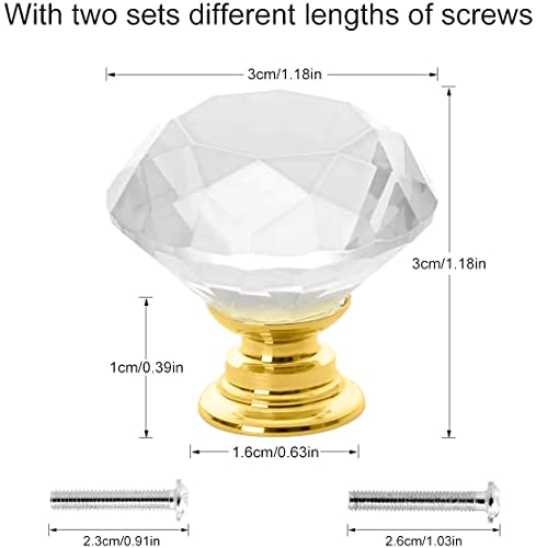 Akstore 6 Pcs Crystal Glass Cabinet Knobs 30mm Diamond Shape Drawer Kitchen Cabinets Dresser Cupboard Wardrobe Pulls Handles (Clear-Golden, 30mm) - color: Clear-Golden, size: 30 mm