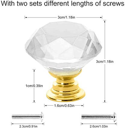 Akstore 6 Pcs Crystal Glass Cabinet Knobs 30mm Diamond Shape Drawer Kitchen Cabinets Dresser Cupboard Wardrobe Pulls Handles (Clear-Golden, 30mm) - color: Clear-Golden, size: 30 mm
