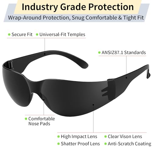 10 Pack Clear Safety Glasses for Men Women, ANSI Z87.1 Certified Scratch & Impact Resistant Wrap Around Lens - color: Black