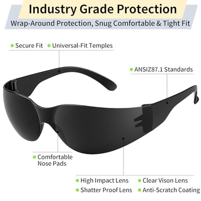 10 Pack Clear Safety Glasses for Men Women, ANSI Z87.1 Certified Scratch & Impact Resistant Wrap Around Lens - color: Black