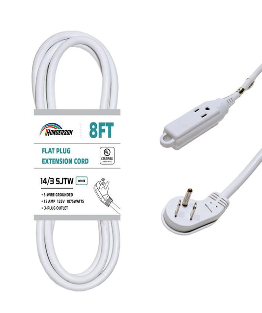 3-Outlets Flat Plug Indoor Extension Cord Outlet Extender, UL Certified, 14 Gauge 8FT White 3 Prong Heavy Duty, 14/3 SJTW 15A Power Strip - color: White, size: 8FT, style: 14/3