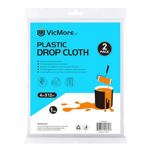 VicMore Clear Plastic Drop Cloths - Water & Dustproof, Odorless Plastic Sheet for Renovations, DIY Projects - Durable Paint Tarp with 1mil Thickness - Floor Covering & Dust Cover - 4 x 12’ - 2 Pack - size: 4FT x 12FT, 2 PACK, MEDIUM-DUTY