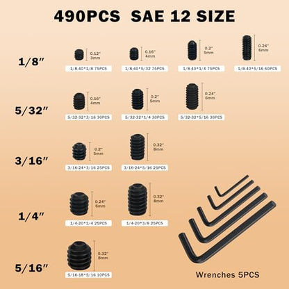 490Pcs Set Screw Assortment Kit, SAE 12.9 Alloy Steel Grub Screws, Hex Socket Internal Allen Drive Cup Point Set Screws, 12 Sizes (1/8-40 to 5/16-18) for Door Handles Bathroom Fixtures - size: 490PCS 12Size SAE