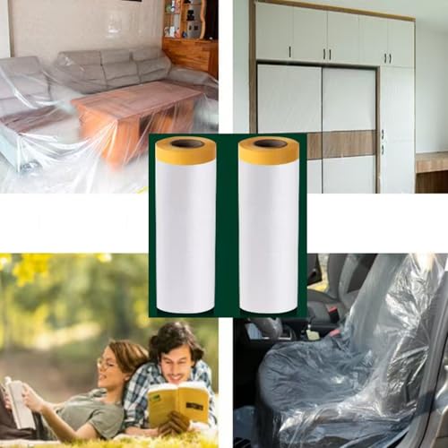 2 Rolls Pre-Taped Plastic Sheeting, 9.8ft x 65ft Clear Poly Drop Cloth with Masking Film for Painting, Furniture, Floor & Appliance Protection