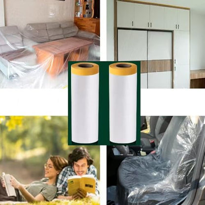 2 Rolls Pre-Taped Plastic Sheeting, 9.8ft x 65ft Clear Poly Drop Cloth with Masking Film for Painting, Furniture, Floor & Appliance Protection