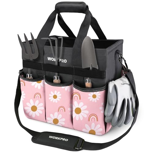 WORKPRO Garden Tool Bag Organizer, Heavy Duty Gardening Tote Bag with 10 Pockets and Long Adjustable Shoulder Strap, Standable Garden Home Tool Kits Organizer, Floral Pink - Pink Ribbon - color: Floral Pink