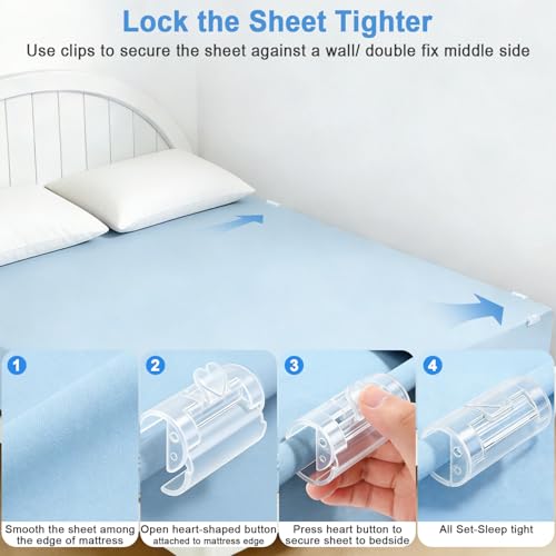 Upgrade Bed Sheet Holders for Corners, 4Pcs Heavy Duty Bed Sheet Locks and 4Pcs Sheet Clips Keep Sheets in Place Firmly, No More Fitted Sheet Coming Off, Bed Sheet Fasteners Fit All Mattress
