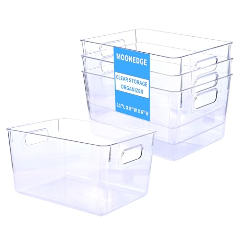 MOONEDGE 4 Pack Open Clear Plastic Storage Bins 11"x8"x6" Stackable Organizer Containers with Handle for Kitchen, Pantry, Fridge, Bathroom,Cabinet,Closet Storage - color: 4 Pack