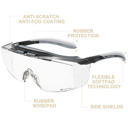 HTS HUNTERSKY ANSI Z87.1+ Anti Fog Lab Safety Glasses Fit Over Eyeglasses Up to 1.88 inch 100% UV Protective OTG Goggles - color: 3906c Black-gray / Clear & Smoke Lens