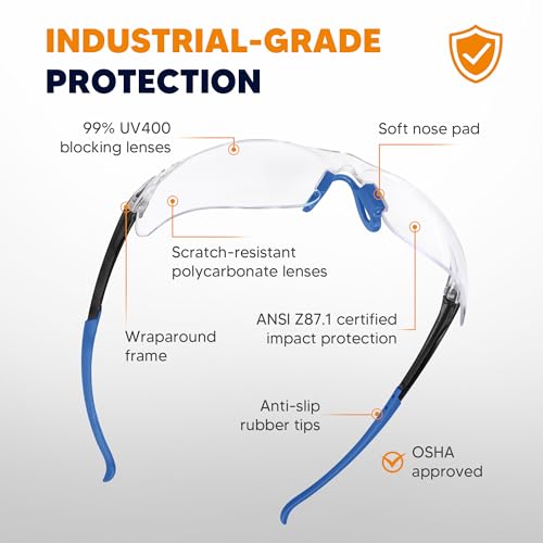Clear Safety Glasses 3 Pack, Protective Eyewear UV Protection ANSI Z87.1, Safety Goggles Scratch & Impact Resistant, Eye Protection with Nose Pads for Men & Women Construction, Shooting, Lab Work - color: Clear Lens/Blue Temples, style: 3 Pack