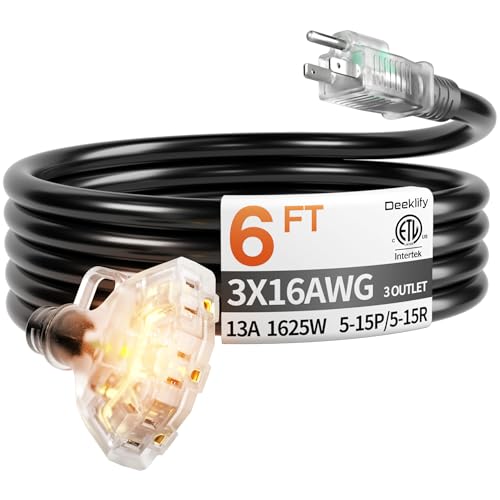 6 ft 16/3 awg 3 Outlet Extension Cord Splitter with Indicator, Waterproof Indoor/Outdoor Extension Cord with Multiple Outlets, 13A 1625W for Home & Workshop, ETL Listed, Flexible Black SJTW - color: Black, size: 6ft