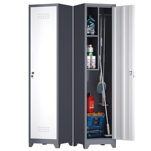 65" H Slim Broom Closet Storage Cabinets, Utility Cabinet for Brooms and Mops, Steel Cleaning Tool Cabinet with Hanging Rod & S-Hooks for Bathroom, Garage - color: Gray&white, size: 65''H-1 door