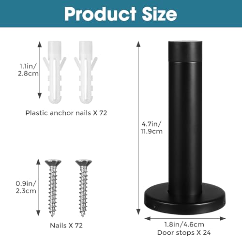 24Pcs Door Stopper, 3.5 Inch Heavy Duty 304 Stainless Steel Door Stop with Rubber Tip, Wall Mounted Door Stopper for Wall Protection, Sound Dampening, Matte Black