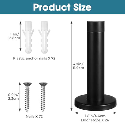 24Pcs Door Stopper, 3.5 Inch Heavy Duty 304 Stainless Steel Door Stop with Rubber Tip, Wall Mounted Door Stopper for Wall Protection, Sound Dampening, Matte Black