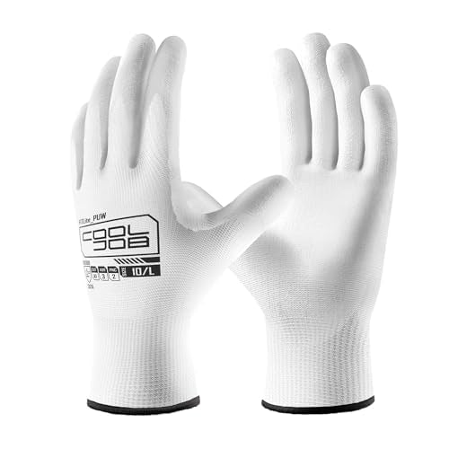 COOLJOB 12/60 Pairs Safety Work Gloves Pack Bulk with Grip PU Coating, 13 Gauge Seamless Knit Gloves with Polyurethane Dipped for Warehouse Working, Breathable Lightweight for Men Women, White Medium - color: White, size: Medium (Pack of 12)