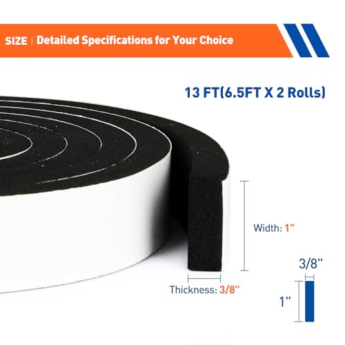MAGZO Weather Stripping Door Seal,1 Inch Wide X 3/8 Inch Thick Adhesive Foam Tape Soundproof Weatherstripping for Windows, 2 Rolls Total 13FT Black - size: 1in * 3/8in * 13FT