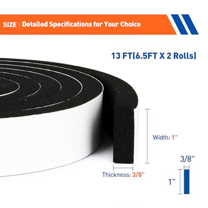 MAGZO Weather Stripping Door Seal,1 Inch Wide X 3/8 Inch Thick Adhesive Foam Tape Soundproof Weatherstripping for Windows, 2 Rolls Total 13FT Black - size: 1in * 3/8in * 13FT