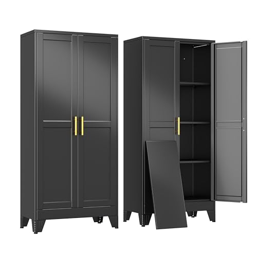 erosoei 61" H Metal Garage Storage Cabinet, Black Metal Pantry Cabinet with 3 Doors, Locker Steel Cabinet with 3 Adjustable Shelves, Freestanding Cupboard for Garage,Office,Home,Gym,School - color: Black, size: 61"No wheels, no locks
