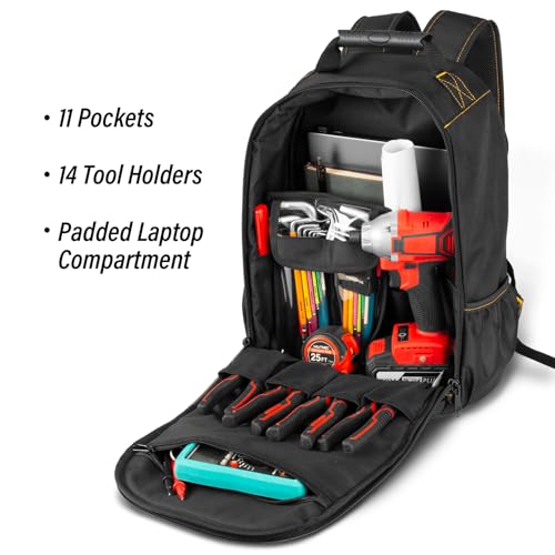 HAUTMEC Tool Backpack with Laptop Compartment, Heavy-Duty 1680D Water-Resistant Tool Bag with Reinforced Hard Base, Double Zipper, Widened Padded Straps for Technicians & Contractors – HTTBM25058 - color: Yellow & Black