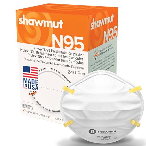 Shawmut Protex™ N95 Mask, Made in the USA NIOSH Approved, Particulate Respirators, Protective Face Mask for Dust, Construction, Medical, 12 Pack of 20 (Approval Number TC-84A-9295 / Model SR9520) - style: Standard (Pack of 240)