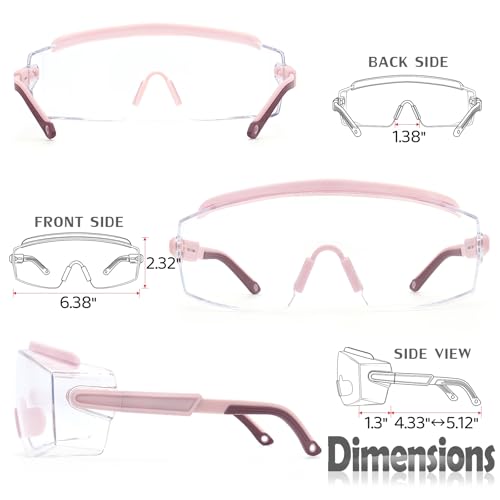 UKNOW Safety Goggles Over Glasses, Anti Fog Safety Glasses with Clear Wraparound Lens, ANSI Z87.1 Protective Eyewear - color: Pink