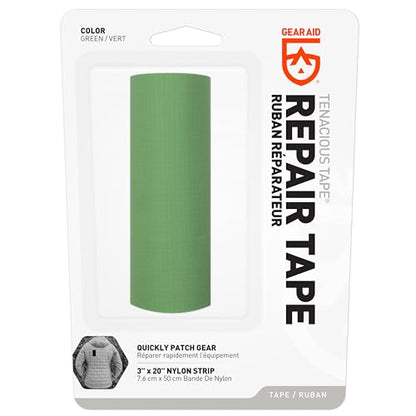 GEAR AID Tenacious Tape 3” x 20” Fabric and Vinyl Gear Repair Tape, Fix Holes and Rips in Puffy Jackets, Rain Gear, Tents, Sleeping Bags and Outdoor Equipment, Green, 1 Roll - color: Green, style: 3" × 20" (1 Roll)
