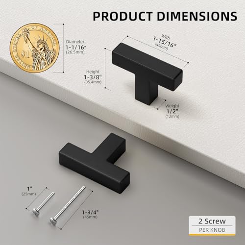 Goldenwarm 5 Pack Black Square T Bar Single Hole Knobs Cabinet Pull Drawer Handles Stainless Steel Modern Hardware for Kitchen and Bathroom Cabinets Cupboard Kitchen Cabinet Knobs - color: Matte Black, size: Single Hole