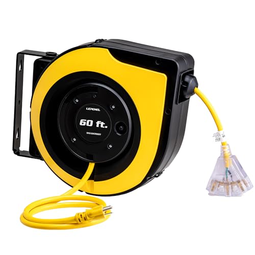 60 Ft Retractable Extension Cord Reel, 3 Power Outlets with Indicator Lights, 12AWG/3C SJTOW Heavy Duty Power Cord, 15 Amp Circuit Breaker, Wall Mount and Ceiling Mount,UL Certified