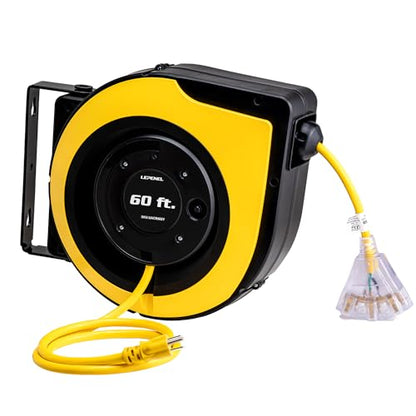 60 Ft Retractable Extension Cord Reel, 3 Power Outlets with Indicator Lights, 12AWG/3C SJTOW Heavy Duty Power Cord, 15 Amp Circuit Breaker, Wall Mount and Ceiling Mount,UL Certified