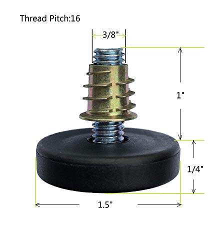 SINGTAN Furniture Levelers with Screw-in Nuts-4 Pack| Furniture Feet | Heavy Duty Adjusting Foot | 1" Adjustable Furniture Legs | table Levelers | chair Levelers,3/8"-16 Threaded bolt, thread pitch:16