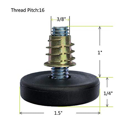 SINGTAN Furniture Levelers with Screw-in Nuts-4 Pack| Furniture Feet | Heavy Duty Adjusting Foot | 1" Adjustable Furniture Legs | table Levelers | chair Levelers,3/8"-16 Threaded bolt, thread pitch:16